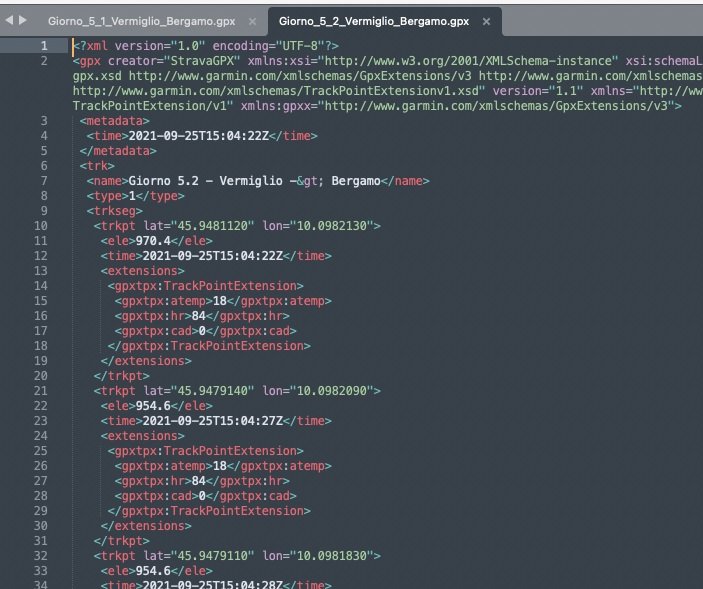 GPX bestand geopend in een text editor Sublime text