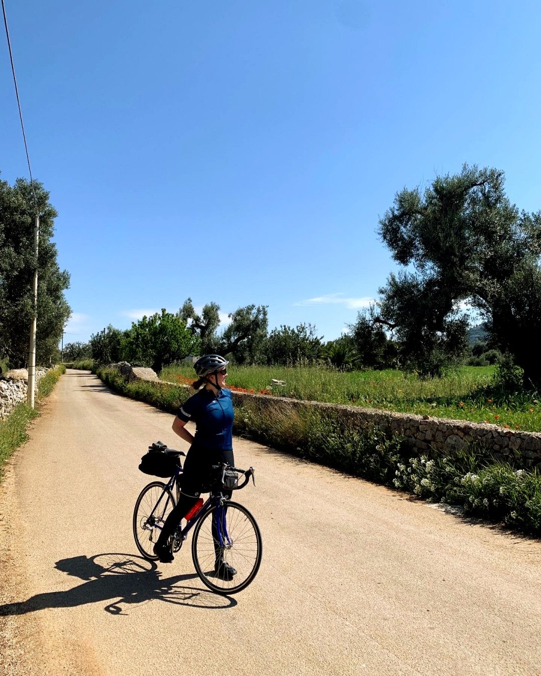Fietser tussen de olijfbomen op de weg ergens in een afgelegen gebied van Puglia in Zuid-Italië