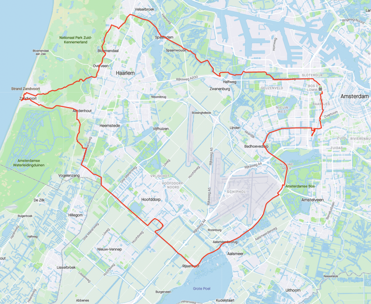 Route van 70 kilometer vanuit Amsterdam via Haarlem naar Zandvoort