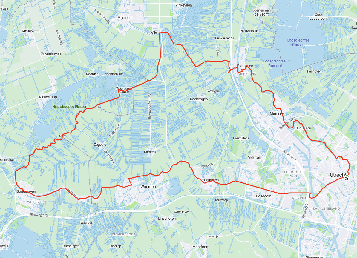 Route van Utrecht naar Breukelen en via Wilnis naar Utrecht 75 kilometer