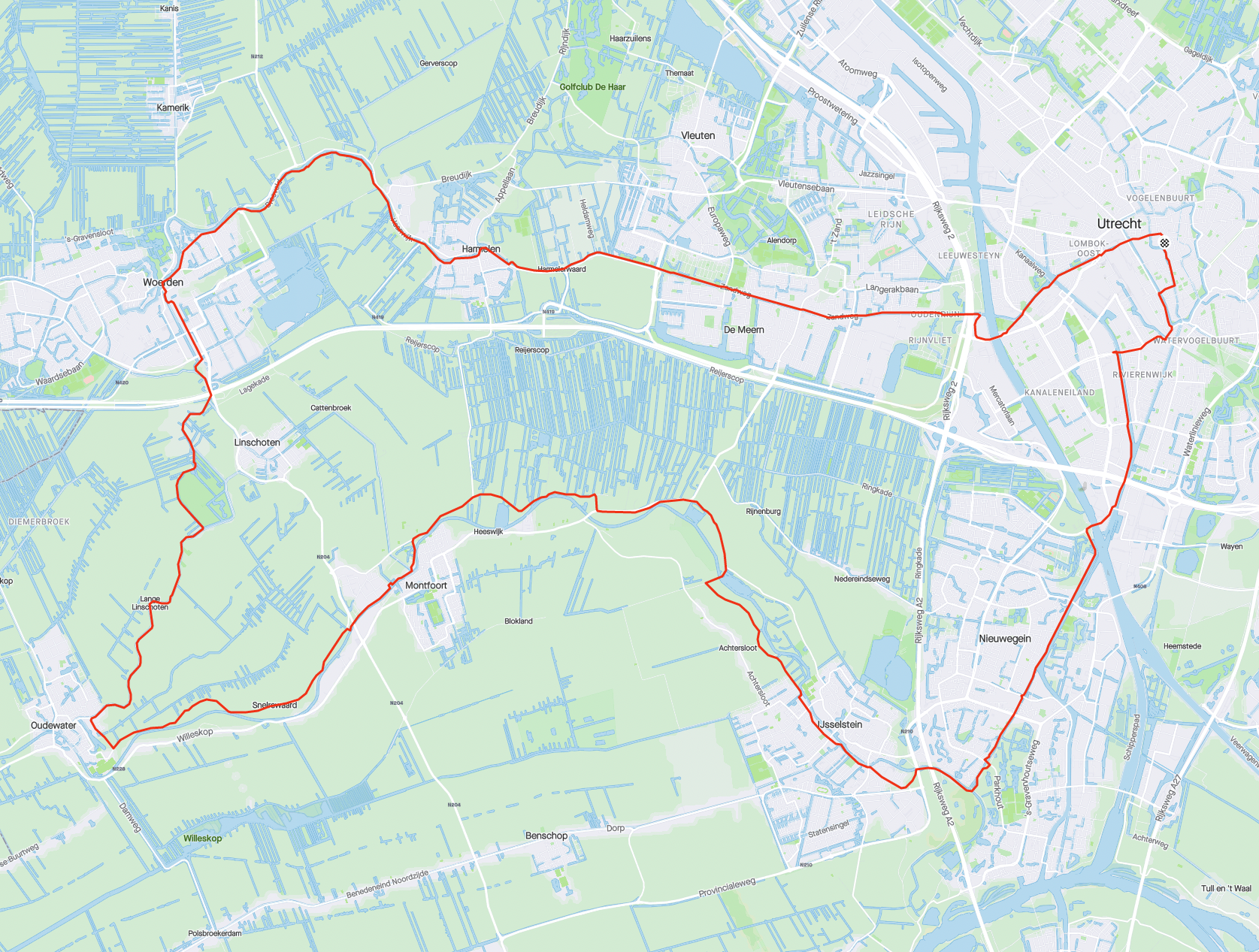 Route van 50 kilometer van Utrecht naar Oudewater via Woerden en terug via IJsselstein