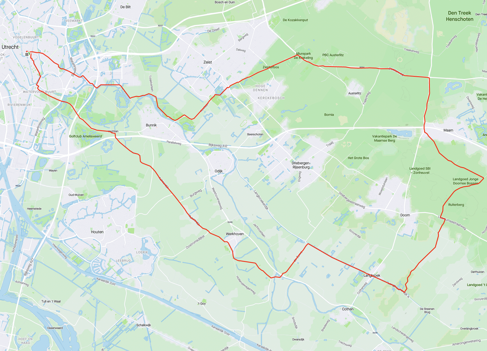 Route van 50 kilometer via Ruiterberg vanuit Utrecht. Zeist, Maarn en Driebergen.
