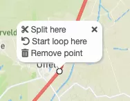 Pop up van GPS studio die aangeeft om route hier te splitsen of een loop te creëren