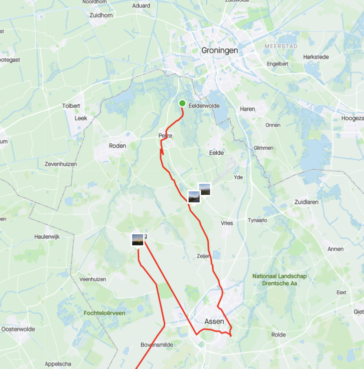 Screenshot van kaart met GPS route uit Strava met een foutief GPS signaal aan het begin van de route