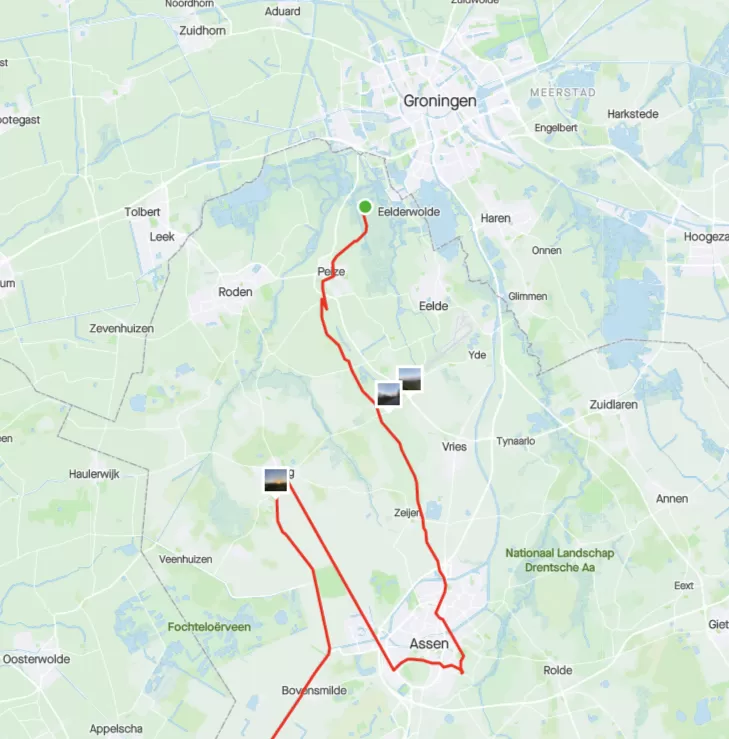 Screenshot van kaart met GPS route uit Strava met een foutief GPS signaal aan het begin van de route