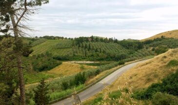 Uitzicht vanaf een B&B in Toscane met groene en gele velden