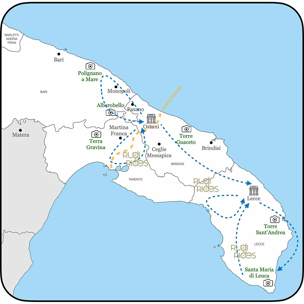 Kaart met fietsroutes in Salento, Puglia: de hak van de laars.