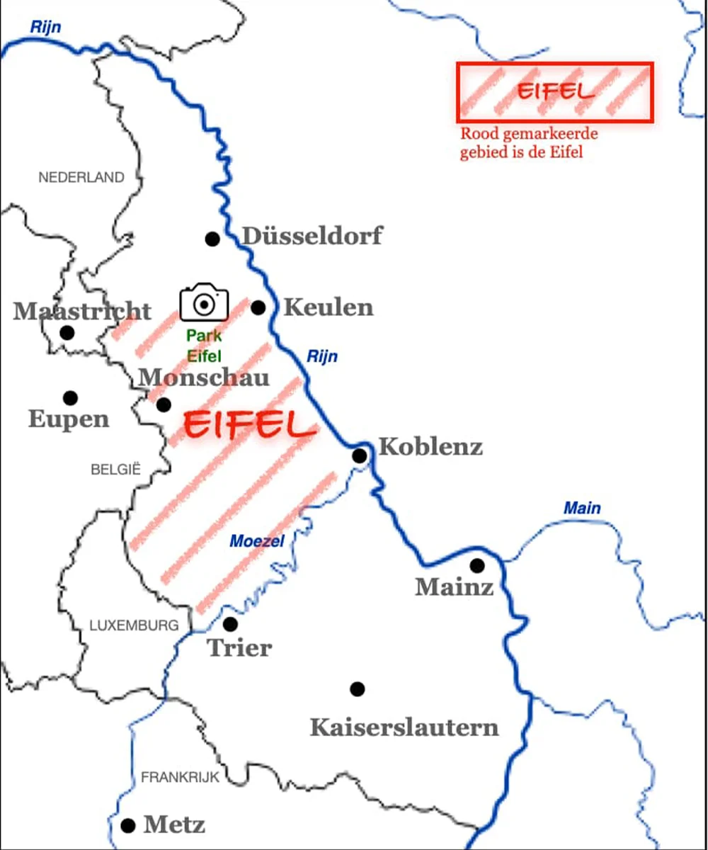 Kaart Eifel met omliggende gebieden schematisch weergegeven Schematisch op een kaart weergegeven waar De Eifel ligt. Met als grens België, Luxemburg, De Moezel, De Rijn en Jülich-Zülpich Börde. Belangrijke plaatsen zoals Koblenz, Mainz, Düsseldorf, Keulen, Trier en Eupen zijn ook weergegeven.