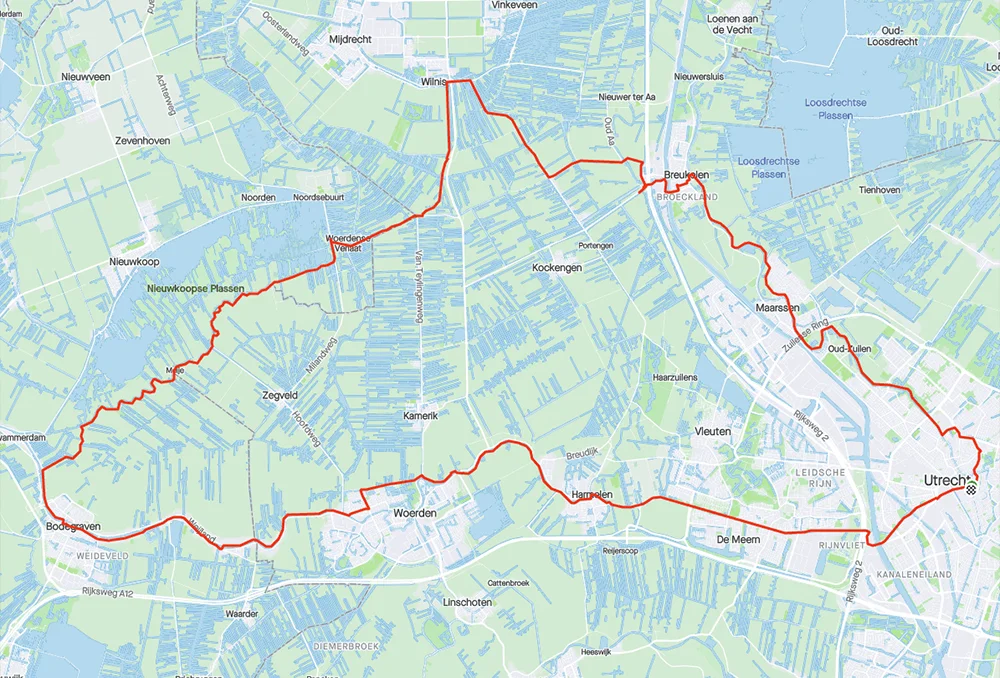 Route 75 kilometer Utrecht Breukelen Wilnis Bodegraven Woerden Route van Utrecht naar Breukelen en via Wilnis naar Utrecht 75 kilometer