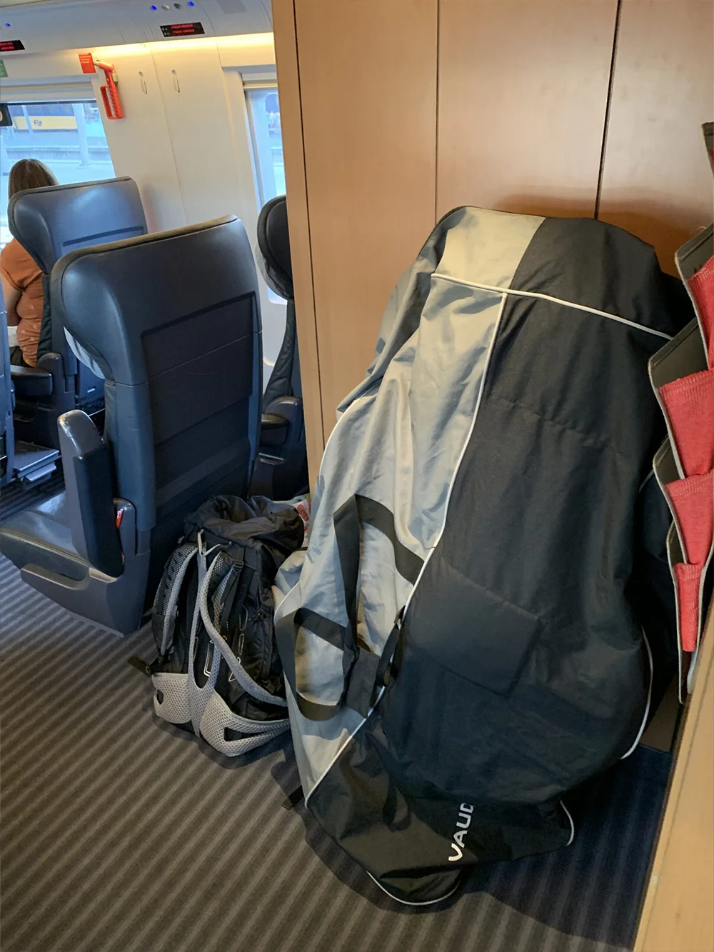 Fiets rechtop in fietshoes DB ICE Fiets rechtop in fietshoes in eerste klasse in Deutsche Bahn ICE