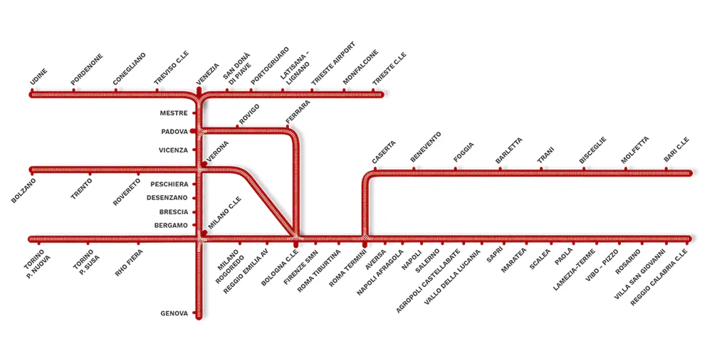 Spoornetwerk van Italo - Italië Spoornetwerk van Italo treno - een aanbieder van nationale treinreizen in Italië