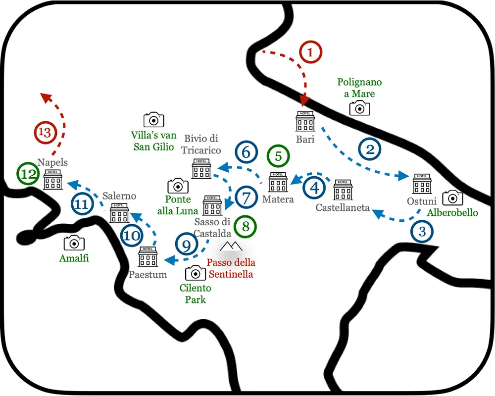 Fietsroutes Zuid-Italië schematisch op kaart weergegeven Fietsroutes Zuid-Italië afgebeeld op een schematische kaart in Zuid Italië. Bari ,Matera, Potenza, Salerno, Napels.